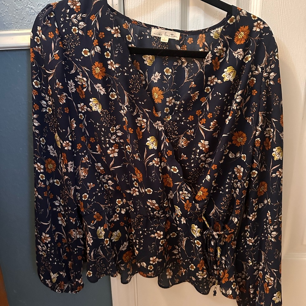Floral Wrap Blouse - Navy with Rust and Cream Flowers